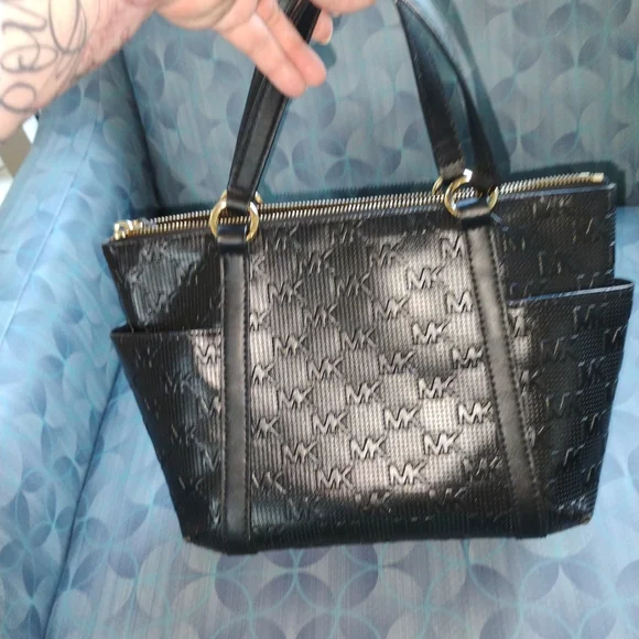 Michael Kors Black MK Embossed Shoulder Bag - Picture 2 of 4